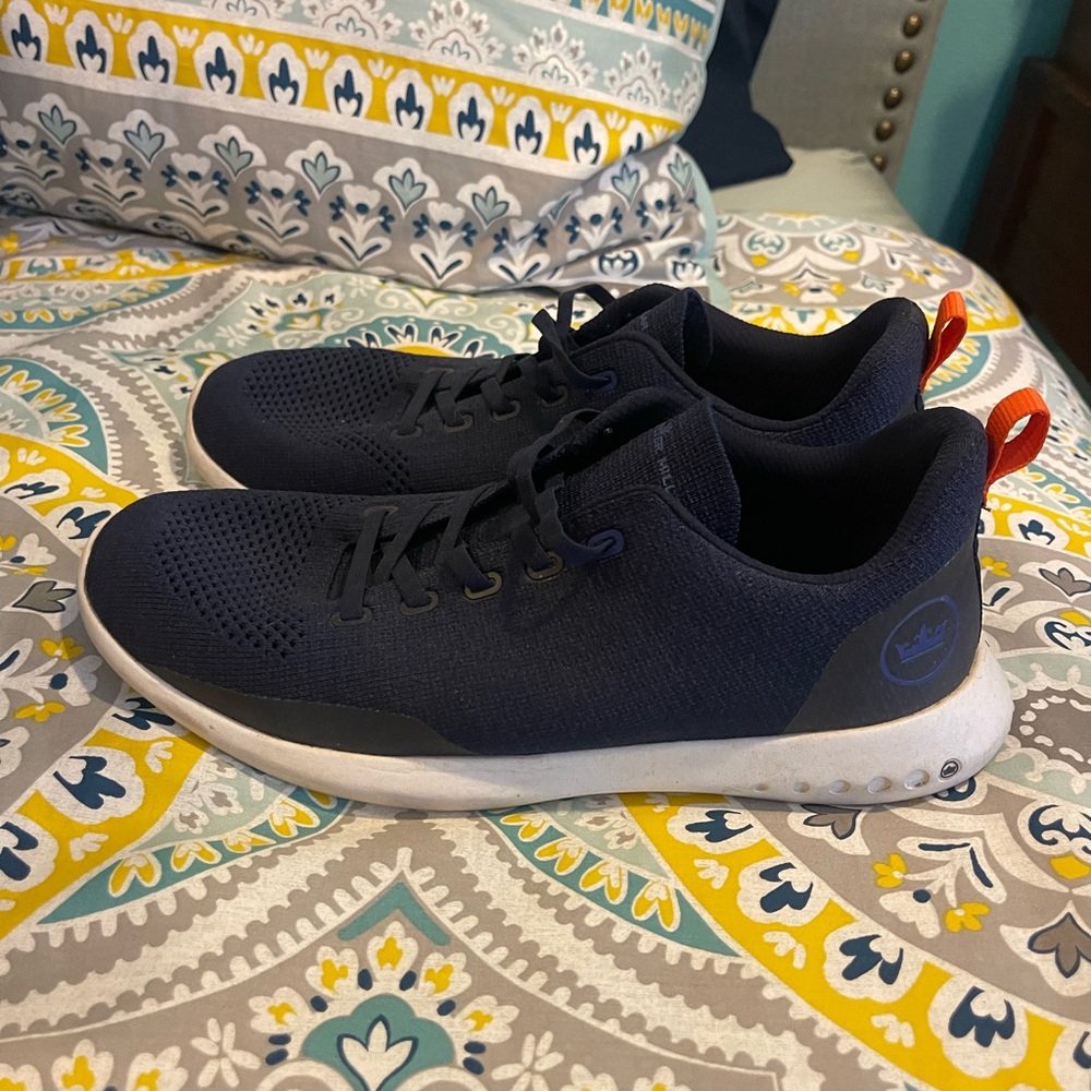 Peter Millar Navy Knit Sneakers with White Sole and Orange Pull Tab
